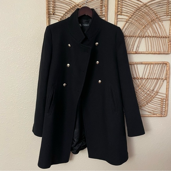 Zara Jackets & Blazers - Zara Wool High Neck Coat Peacoat Double Breasted Gold Buttons Black Sz M B3